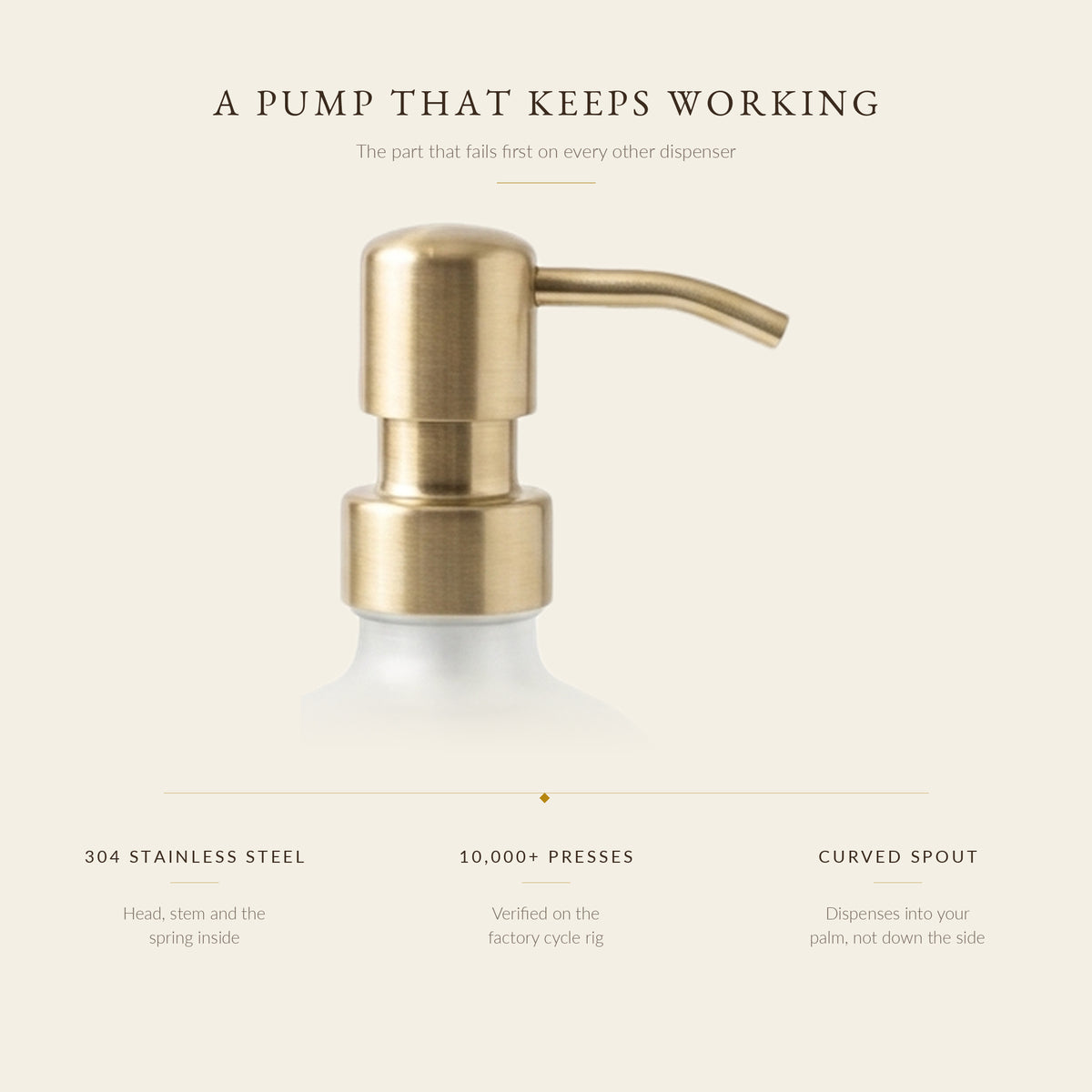 Brushed gold 304 stainless steel soap pump with curved spout