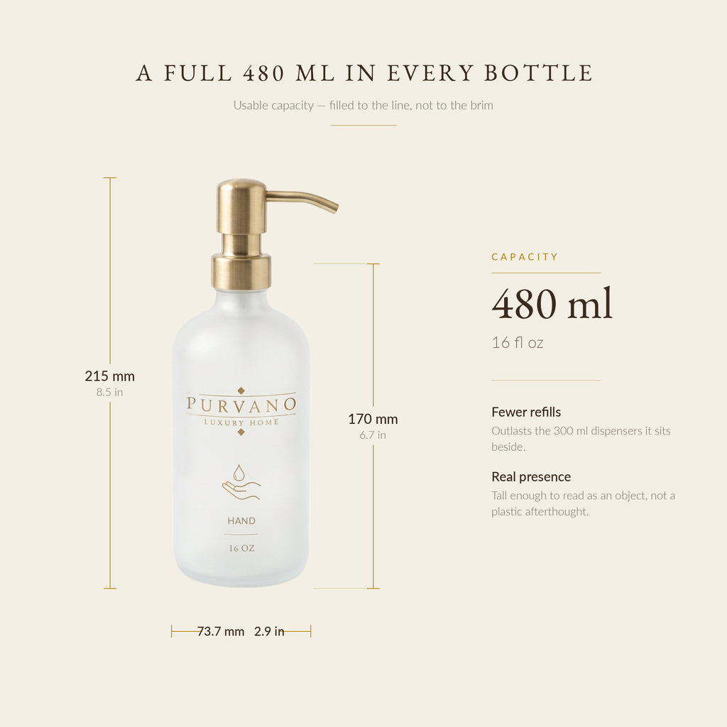 Hand soap dispenser size: 215 mm tall with pump, 170 mm bottle, 73.7 mm wide, 480 ml