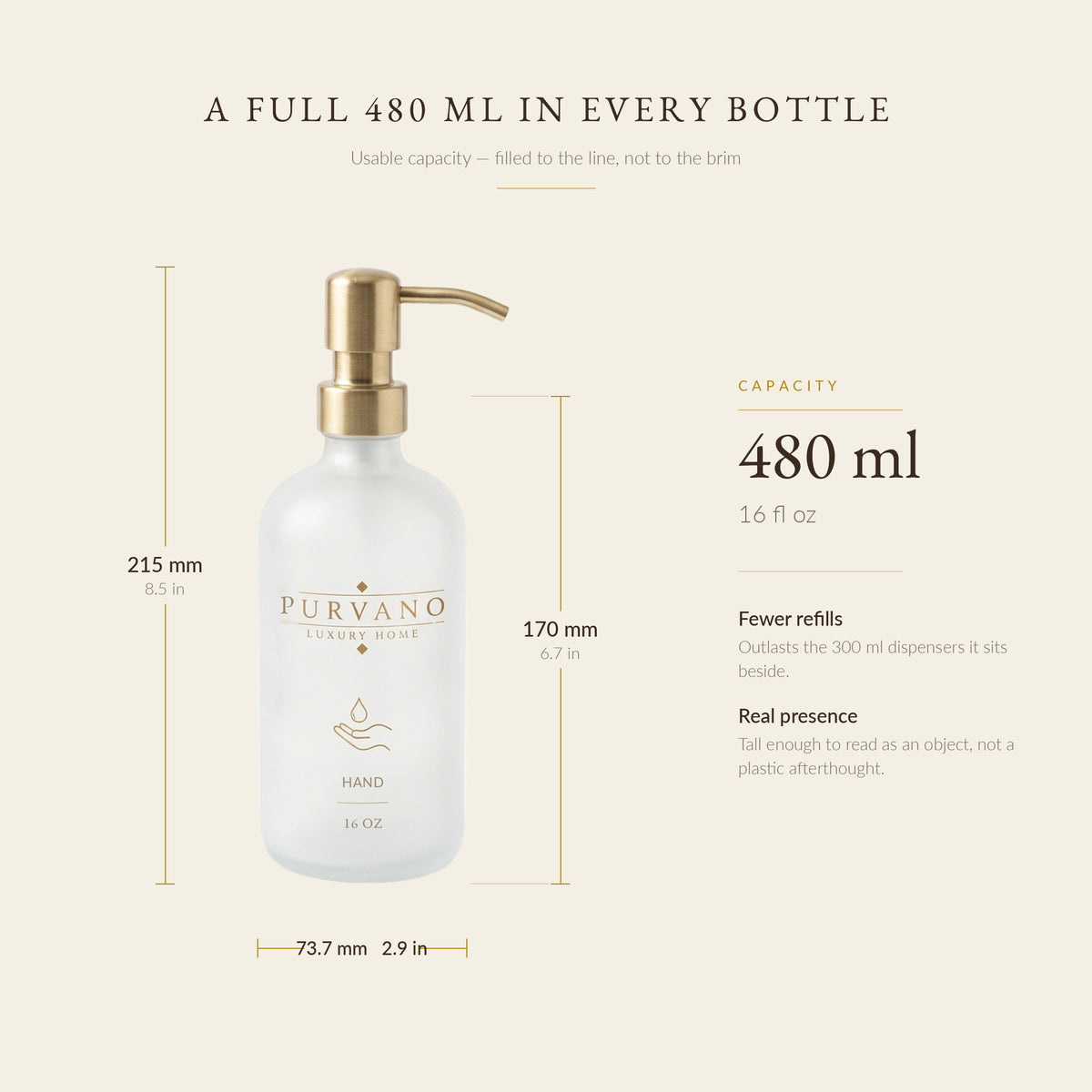 Hand soap dispenser size: 215 mm tall with pump, 170 mm bottle, 73.7 mm wide, 480 ml