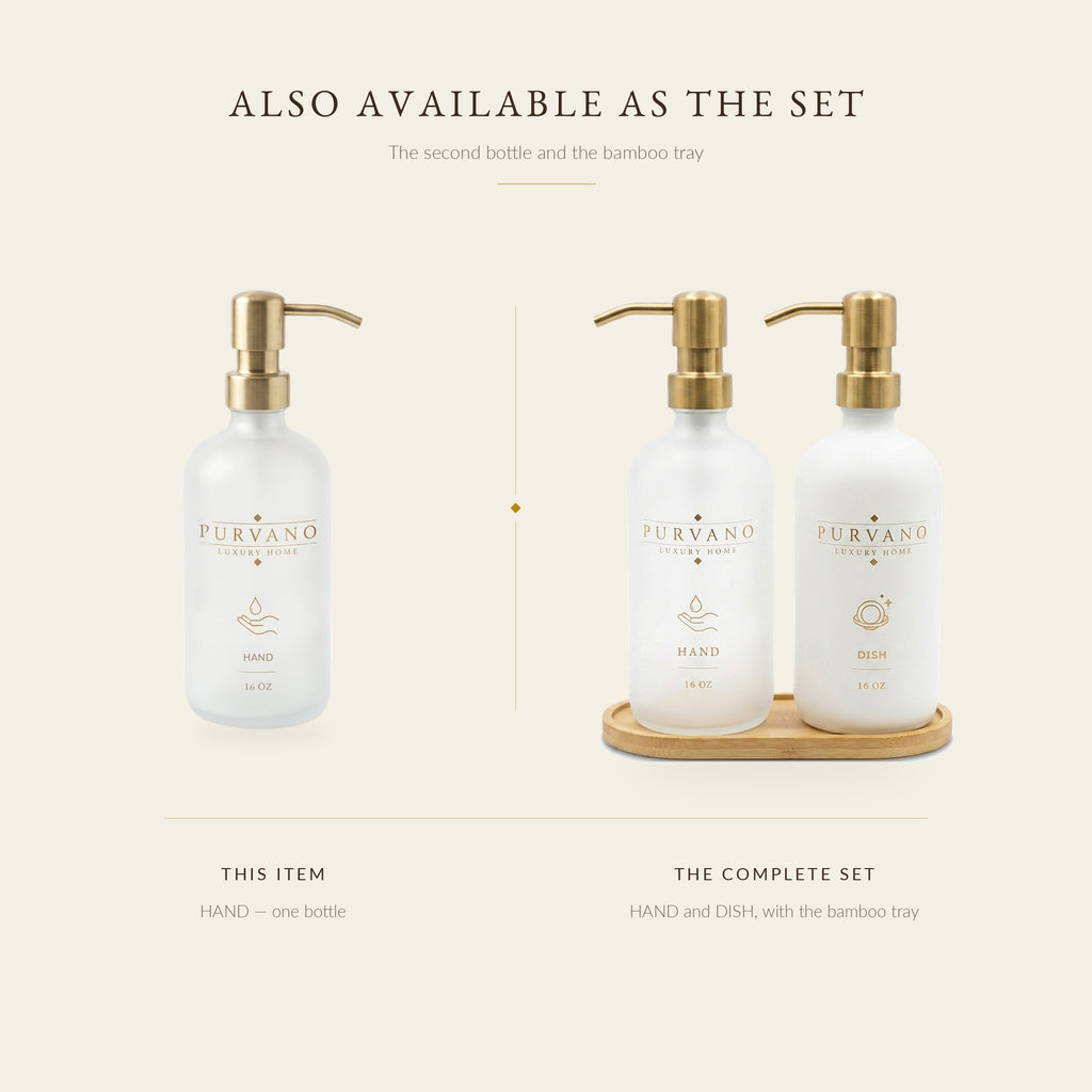 Single frosted HAND dispenser next to the HAND and DISH set on a bamboo tray