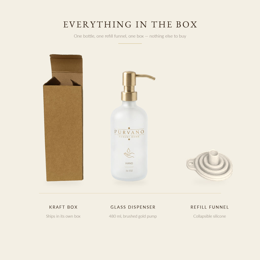 What's in the box: frosted glass hand soap dispenser, kraft box and silicone refill funnel