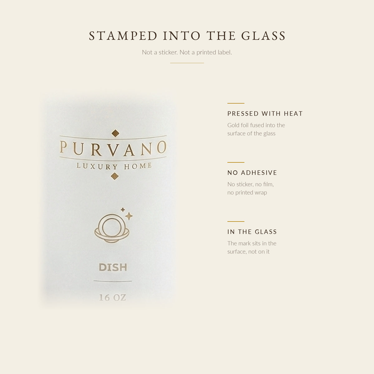 Close-up of gold PURVANO DISH marking on matte white glass, no sticker or label
