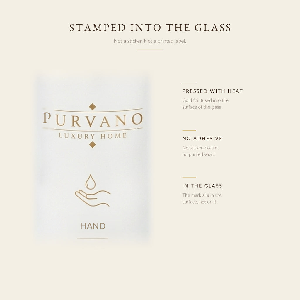 Close-up of gold PURVANO HAND marking on frosted glass, no sticker or label
