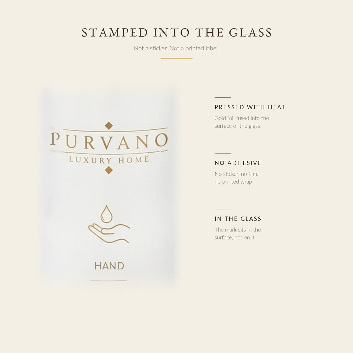 Close-up of gold PURVANO HAND marking on frosted glass, no sticker or label