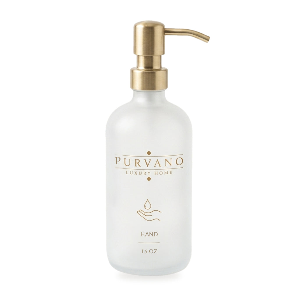 PURVANO frosted glass hand soap dispenser with brushed gold pump