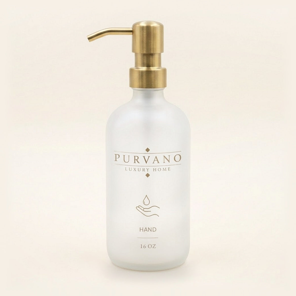 Frosted glass HAND soap dispenser with a brushed gold pump and hot-stamped gold PURVANO mark