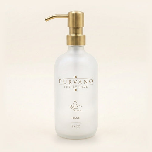 Frosted glass HAND soap dispenser with a brushed gold pump and hot-stamped gold PURVANO mark