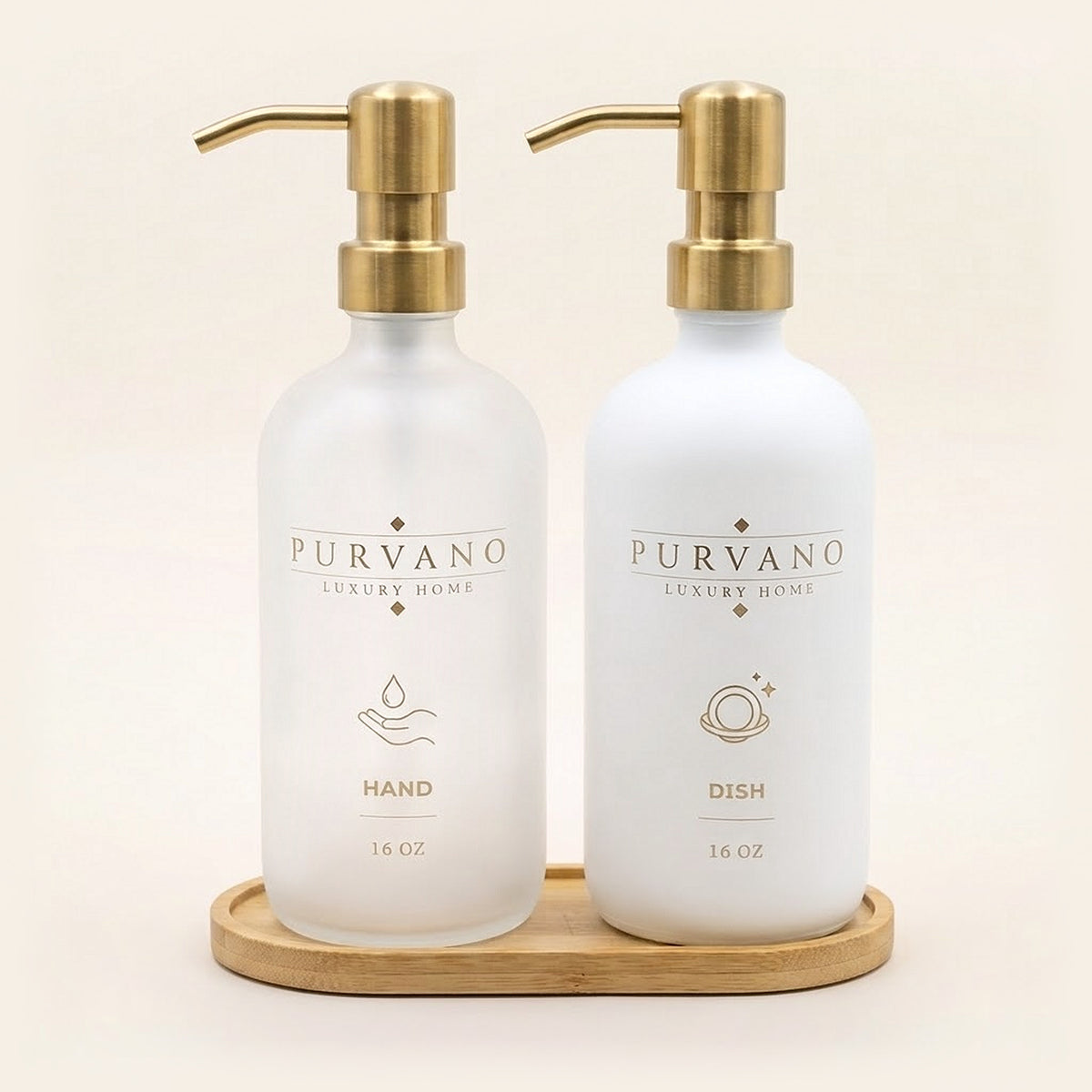 Frosted HAND and matte white DISH glass soap dispensers with brushed gold pumps on a bamboo tray