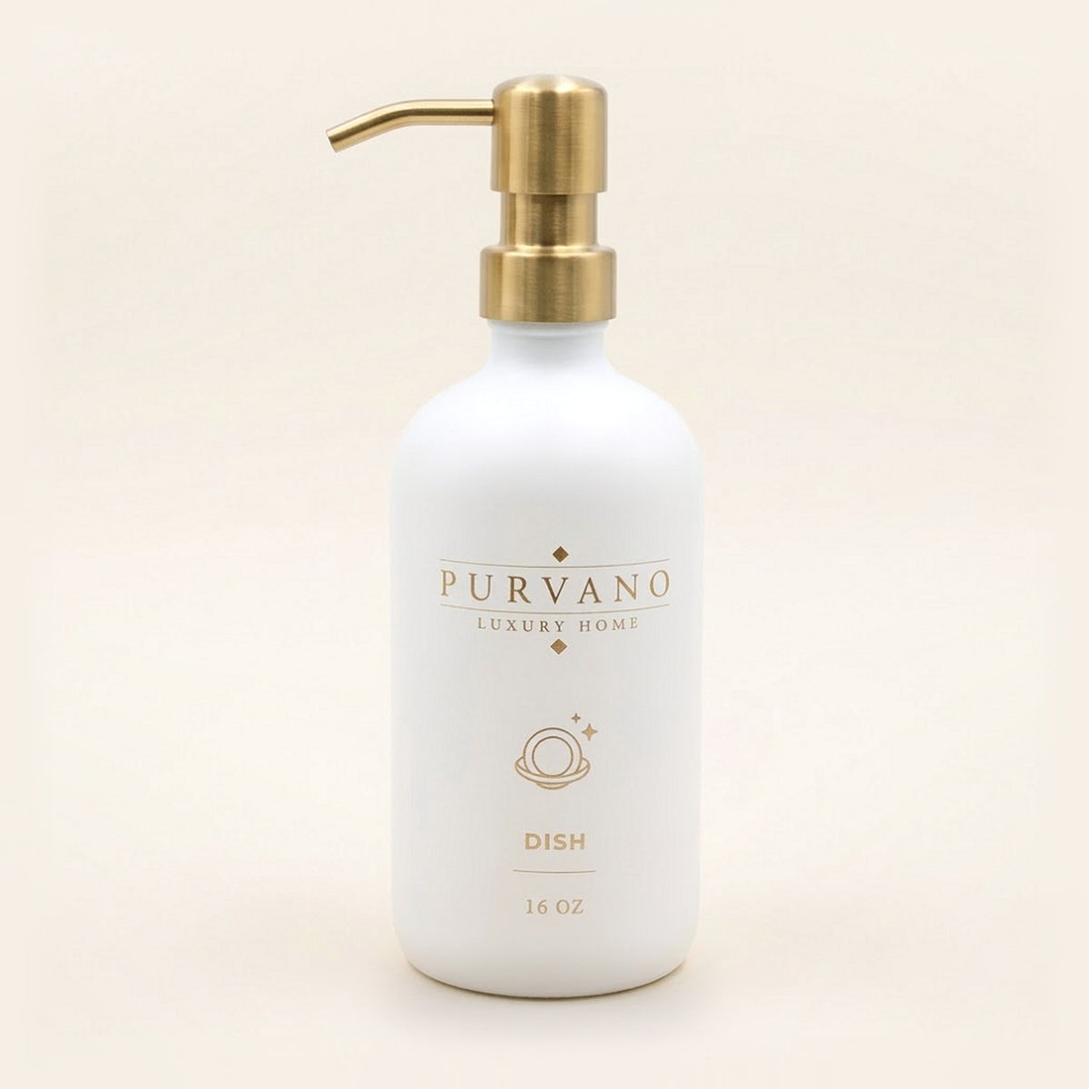 Matte white glass DISH soap dispenser with a brushed gold pump and hot-stamped gold PURVANO mark