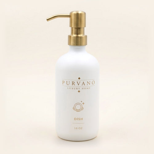 Matte white glass DISH soap dispenser with a brushed gold pump and hot-stamped gold PURVANO mark
