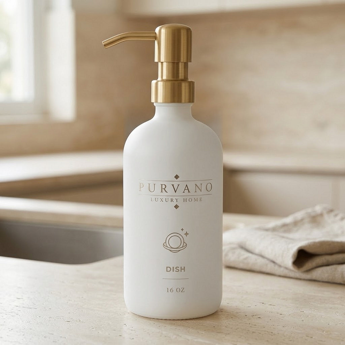 PURVANO matte white DISH soap dispenser on a stone kitchen counter beside folded linen in soft daylight
