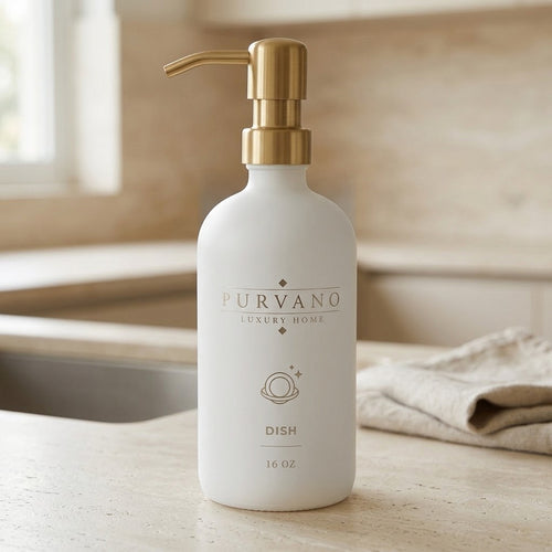 PURVANO matte white DISH soap dispenser on a stone kitchen counter beside folded linen in soft daylight