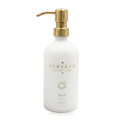 PURVANO matte white glass dish soap dispenser with brushed gold pump
