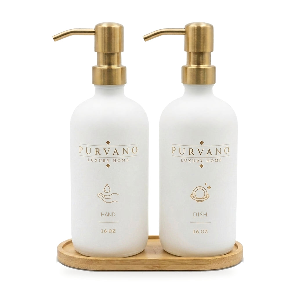 PURVANO matte white glass hand and dish soap dispenser set with brushed gold pumps on a bamboo tray