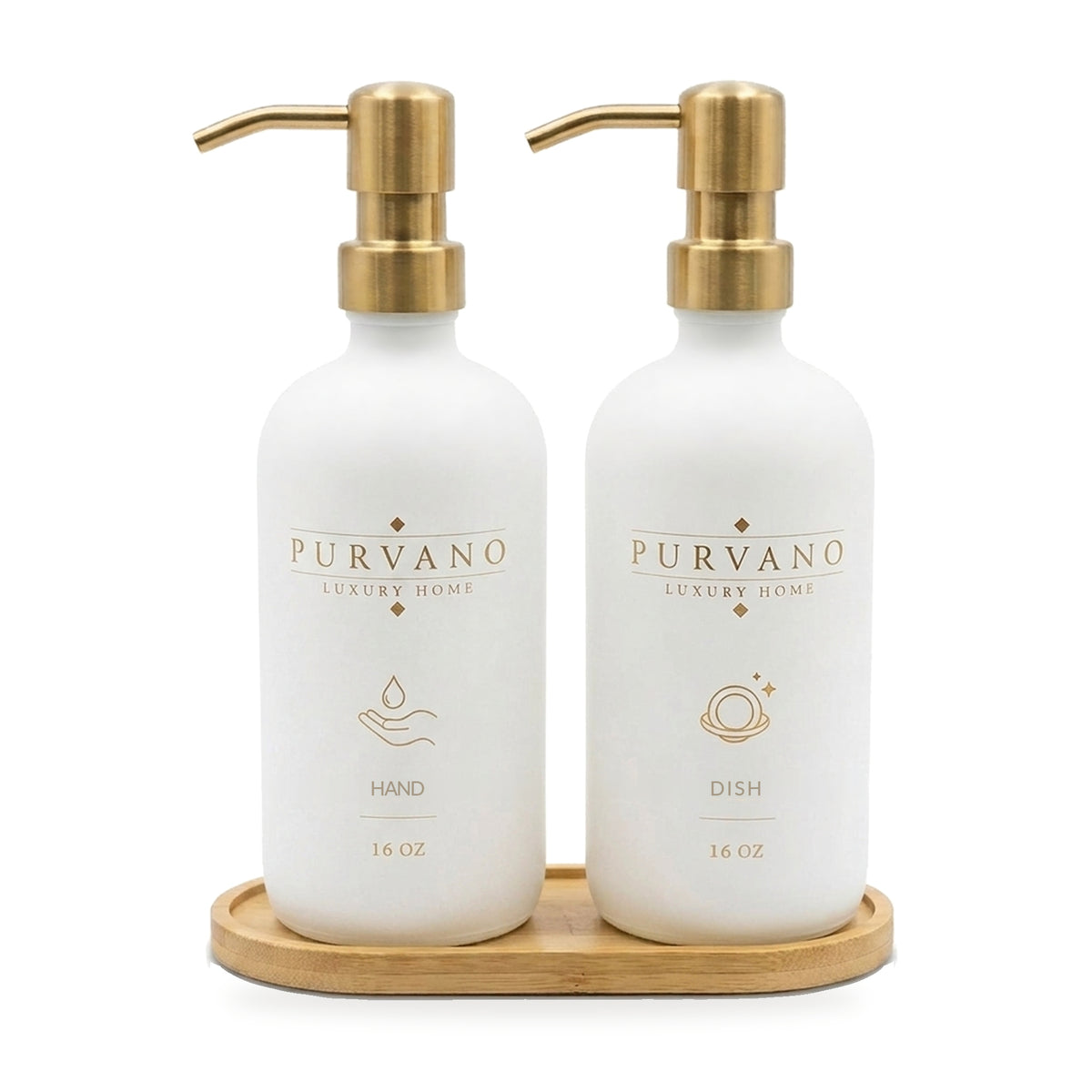 PURVANO matte white glass hand and dish soap dispenser set with brushed gold pumps on a bamboo tray