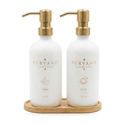 PURVANO matte white glass hand and dish soap dispenser set with brushed gold pumps on a bamboo tray