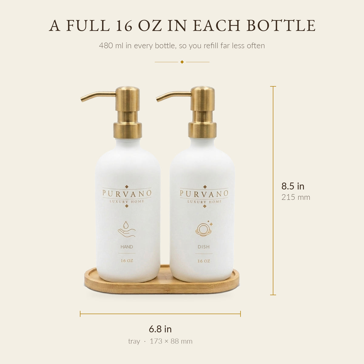 Soap dispenser set dimensions: 215 mm tall with pump, bamboo tray 173 × 88 mm, 480 ml per bottle