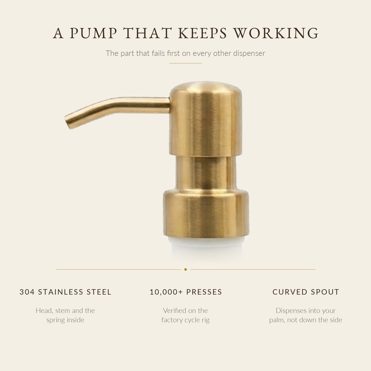 Brushed gold 304 stainless steel soap pump with curved spout