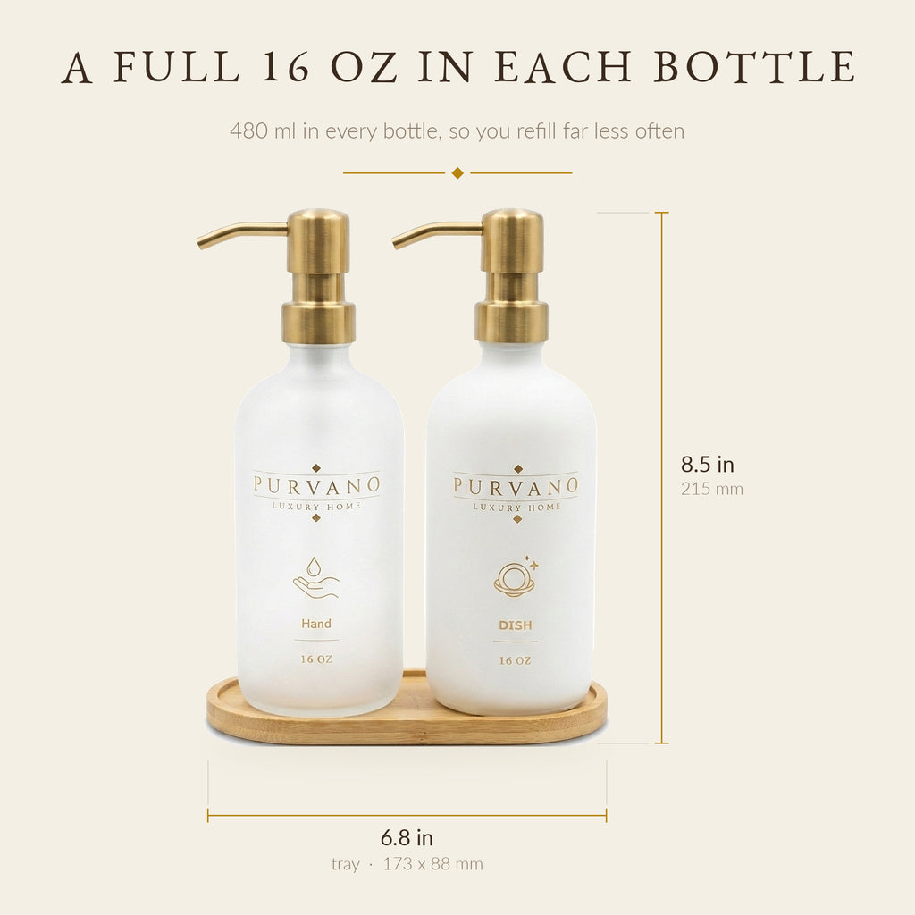 Soap dispenser set dimensions: 215 mm tall with pump, bamboo tray 173 × 88 mm, 480 ml per bottle