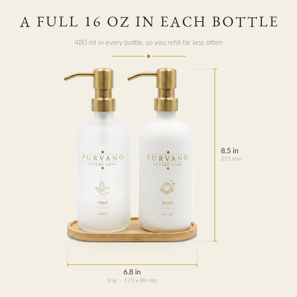 Soap dispenser set dimensions: 215 mm tall with pump, bamboo tray 173 × 88 mm, 480 ml per bottle