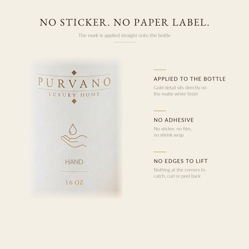 Close-up of gold PURVANO HAND marking applied directly to matte white glass