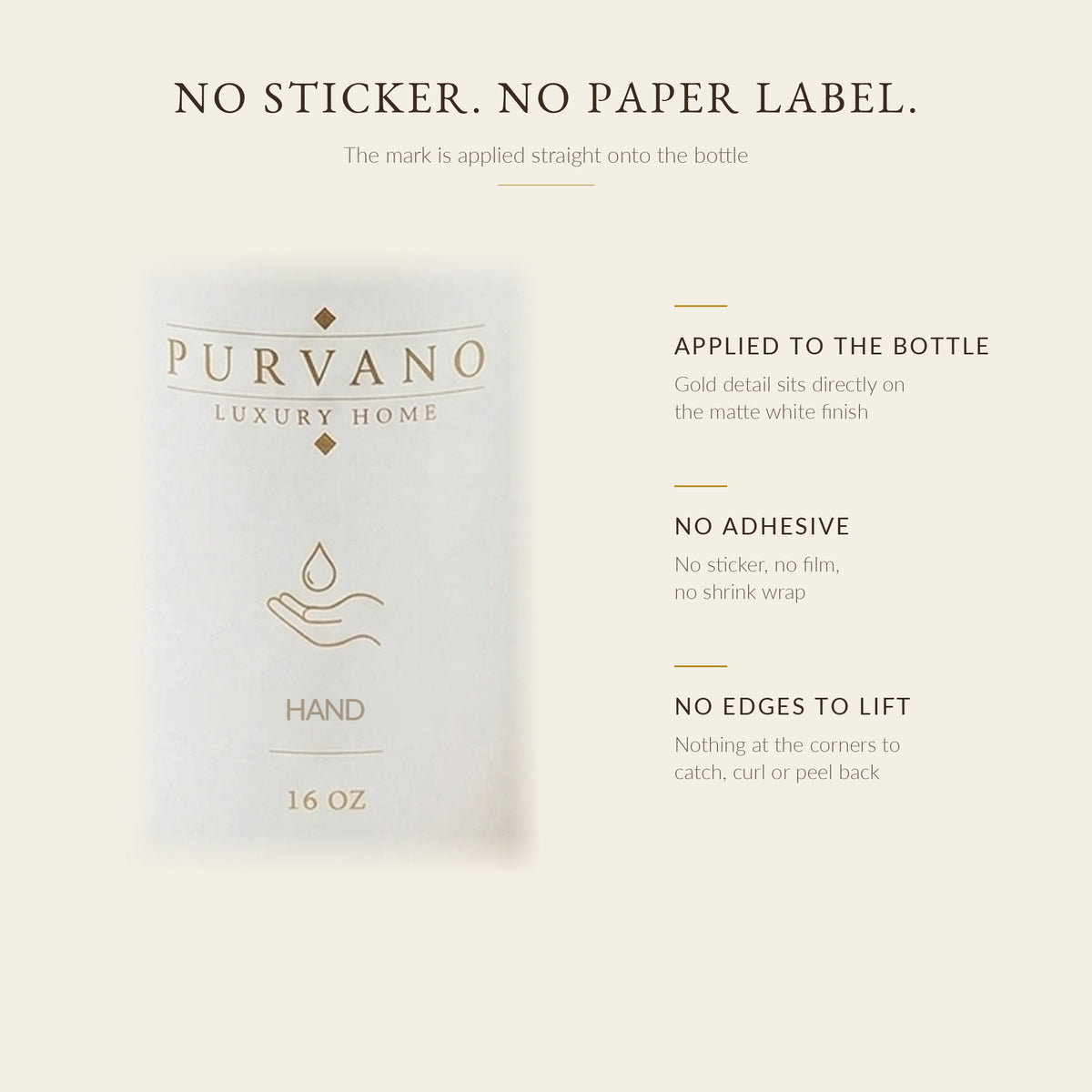 Close-up of gold PURVANO HAND marking applied directly to matte white glass