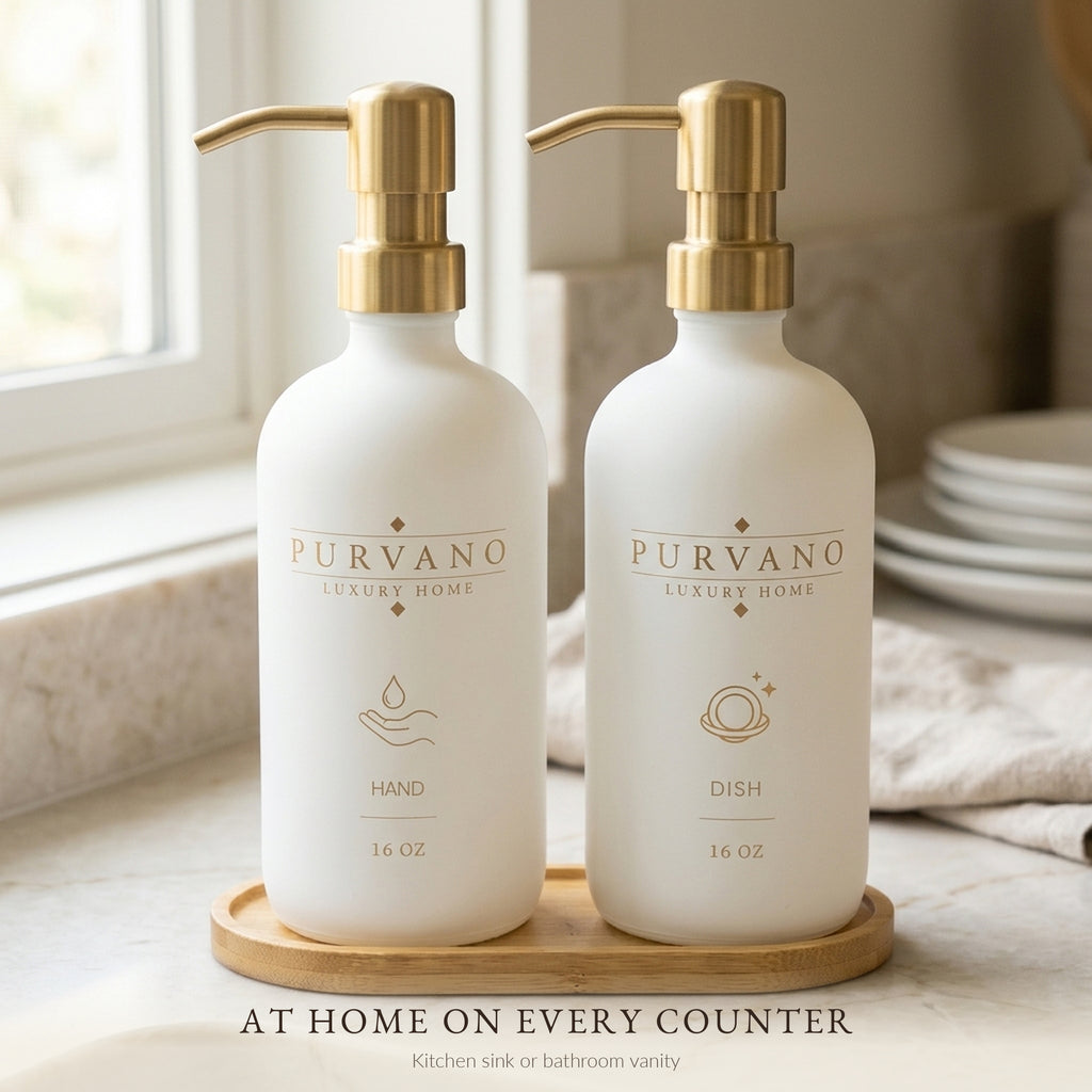 Matte white glass soap dispenser set on a kitchen bench beside a window