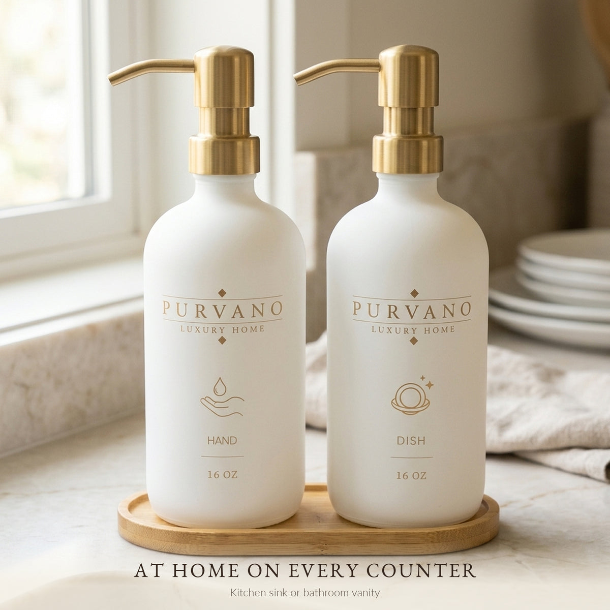 Matte white glass soap dispenser set on a kitchen bench beside a window