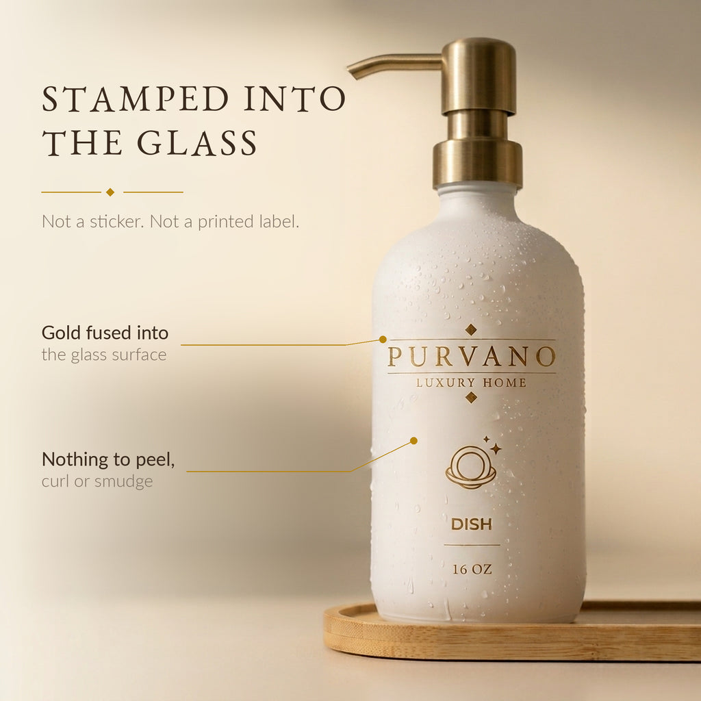 Close-up of gold PURVANO marking stamped onto a matte white glass dish soap bottle