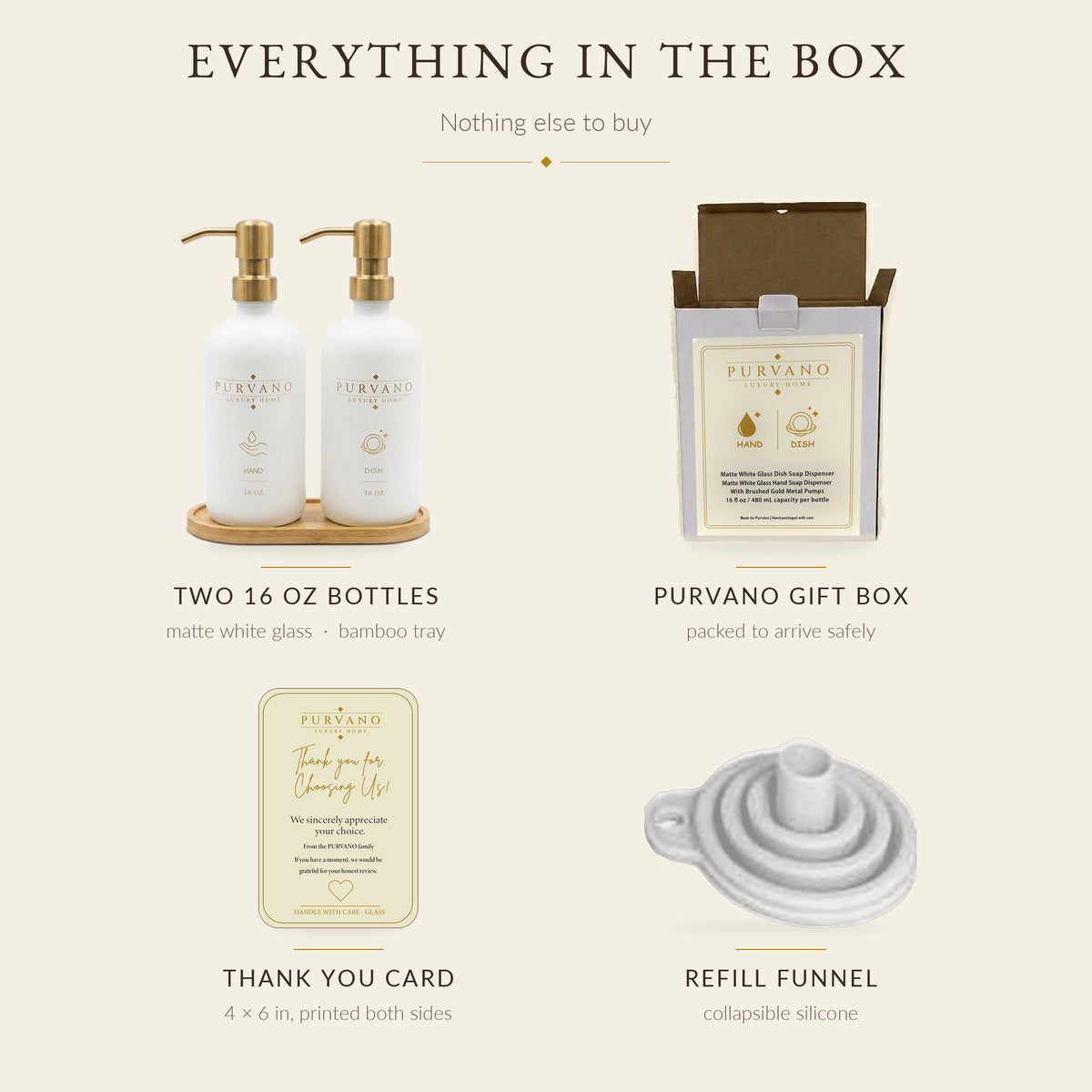 Everything in the box: two glass bottles, bamboo tray, PURVANO gift box, thank-you card and silicone refill funnel