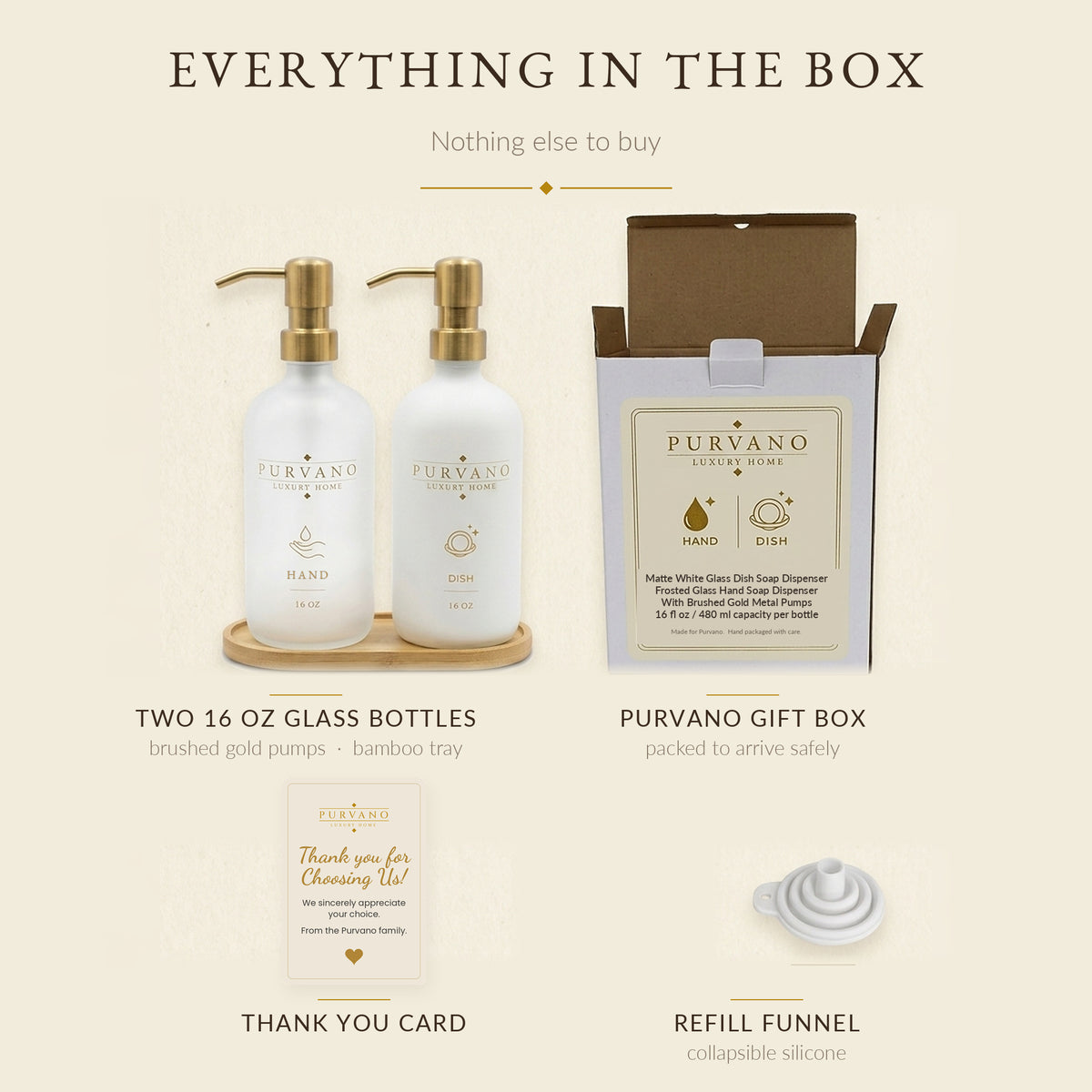 Everything in the box: frosted and white glass bottles, bamboo tray, PURVANO gift box, thank-you card and silicone refill funnel