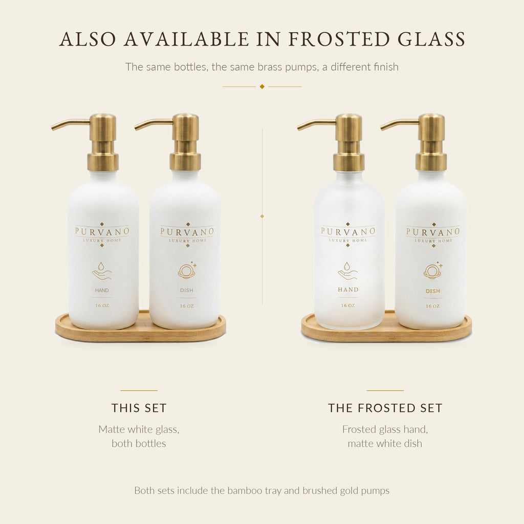 Matte white soap dispenser duo shown next to the frosted glass duo