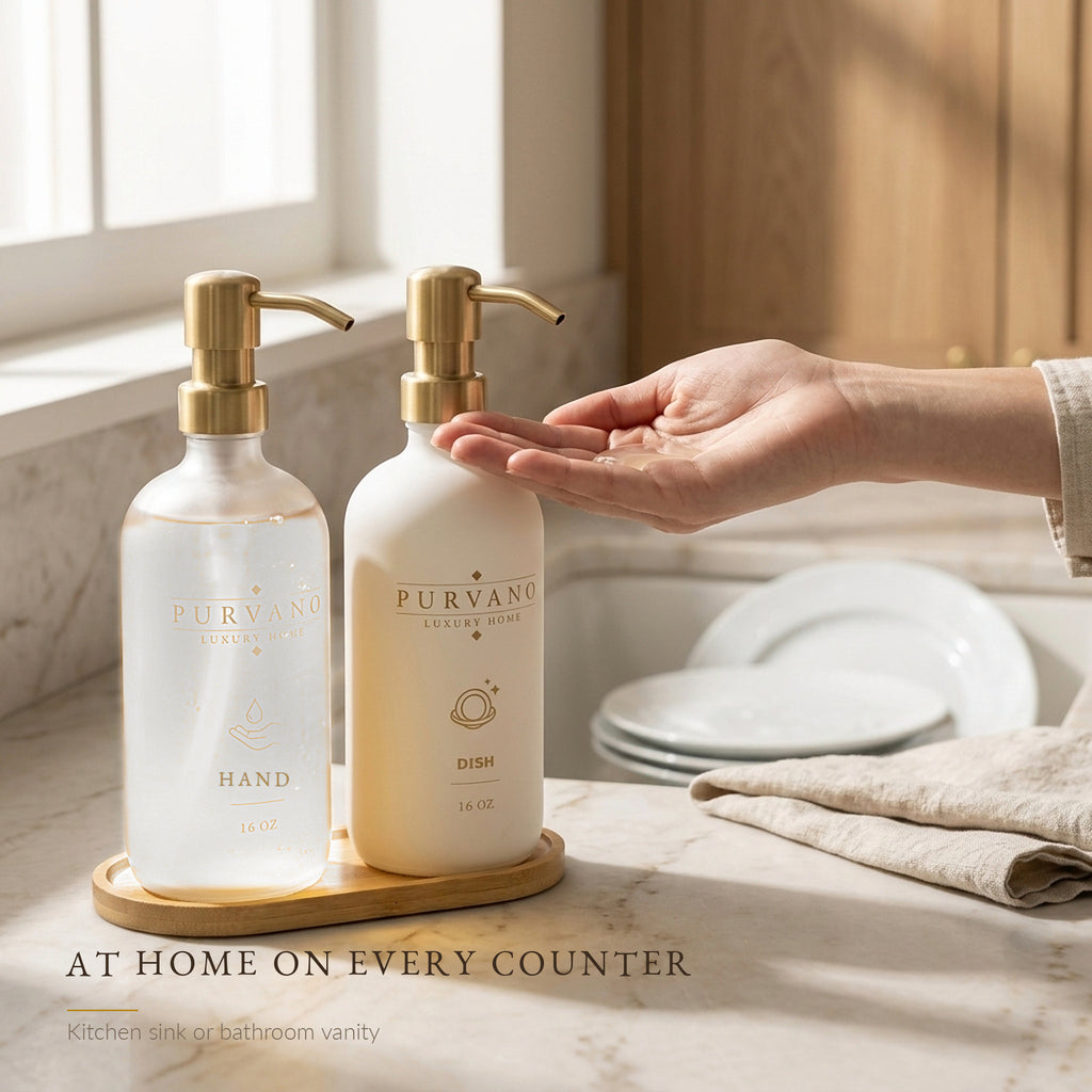 Frosted and matte white glass soap dispensers on a bathroom vanity beside a gold tap