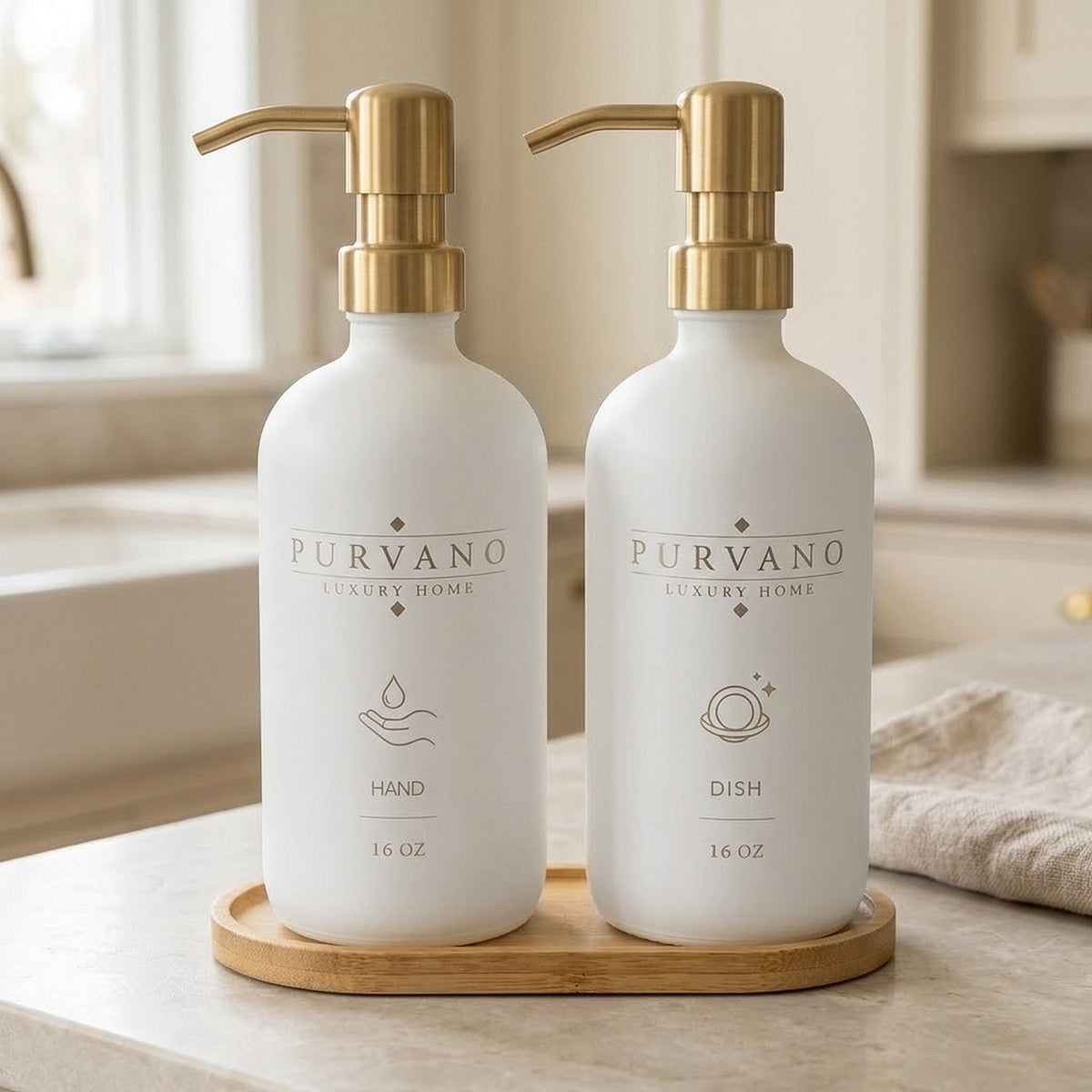 PURVANO matte white soap dispenser duo on a stone kitchen counter beside folded linen in soft daylight